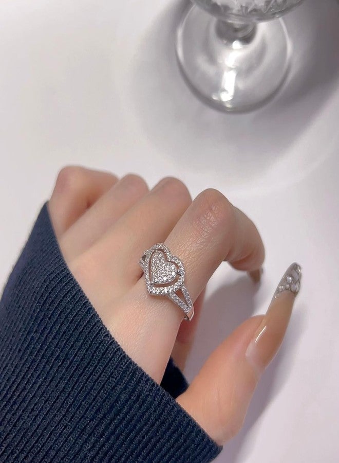 GUIDECUN Dainty Women's White Gold Plated Pavé-Set Cluster White Cubic Zirconia Love Heart-shaped Wedding Promise Rings (US size 9) - Image 2