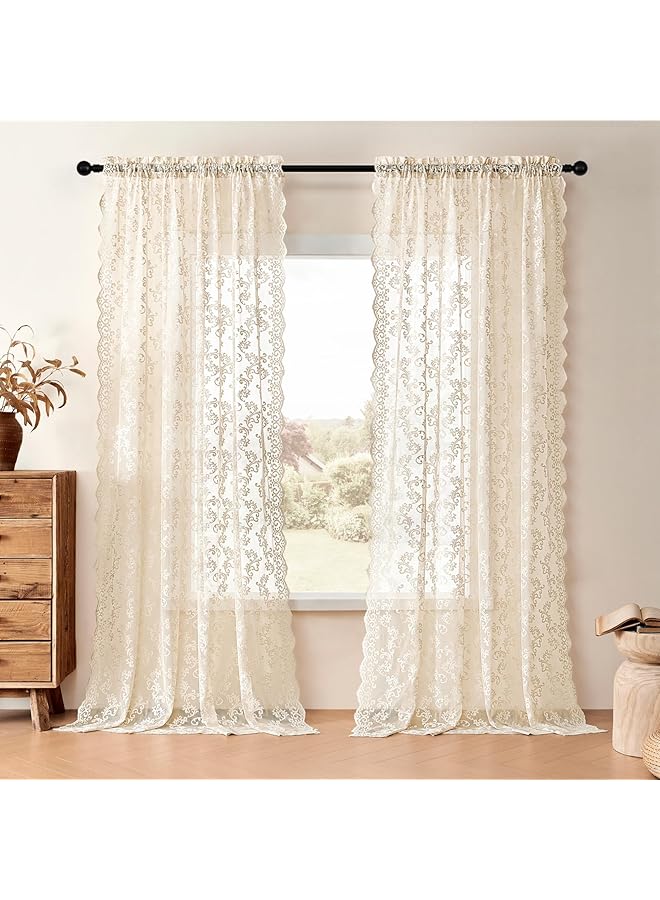 erorex Beige Lace Curtains 63 Inch Length 2 Panels Set Victorian Floral Sheer Curtains For Living Room Bedroom Rod Pocket Light Filtering Paisley Crochet Curtains French Window Drapes 52X63 - Image 2
