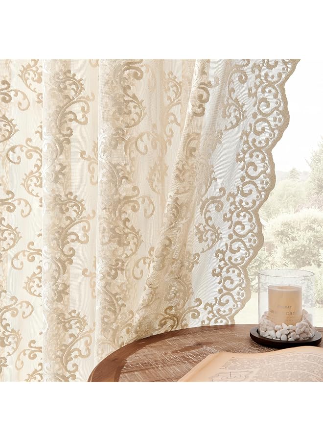 erorex Beige Lace Curtains 63 Inch Length 2 Panels Set Victorian Floral Sheer Curtains For Living Room Bedroom Rod Pocket Light Filtering Paisley Crochet Curtains French Window Drapes 52X63 - Image 1