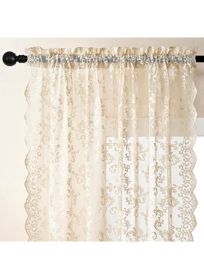 erorex Beige Lace Curtains 63 Inch Length 2 Panels Set Victorian Floral Sheer Curtains For Living Room Bedroom Rod Pocket Light Filtering Paisley Crochet Curtains French Window Drapes 52X63 - Image 3