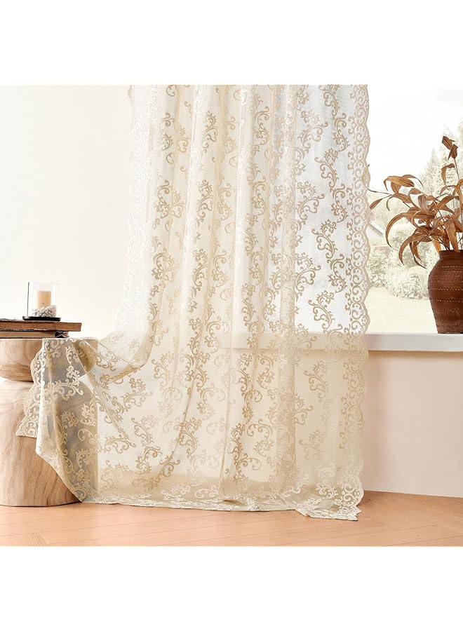 erorex Beige Lace Curtains 63 Inch Length 2 Panels Set Victorian Floral Sheer Curtains For Living Room Bedroom Rod Pocket Light Filtering Paisley Crochet Curtains French Window Drapes 52X63 - Image 5