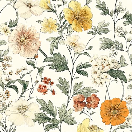JiffDiff Vintage Floral Peel and Stick Wallpaper，Contact Paper Boho Neutral Wallpaper Self Adhesive Wall Paper for Bathroom Covering Wall Cabinets Decorative 17.3" x 120" - Image 1