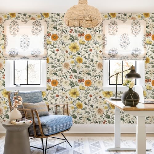 JiffDiff Vintage Floral Peel and Stick Wallpaper，Contact Paper Boho Neutral Wallpaper Self Adhesive Wall Paper for Bathroom Covering Wall Cabinets Decorative 17.3" x 120" - Image 3