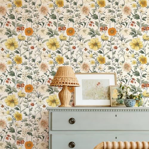 JiffDiff Vintage Floral Peel and Stick Wallpaper，Contact Paper Boho Neutral Wallpaper Self Adhesive Wall Paper for Bathroom Covering Wall Cabinets Decorative 17.3" x 120" - Image 5