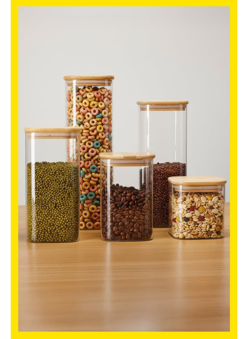YAH Creation YAH 5-Piece Luxurious Airtight Glass Jar Set – Ultra-Clear Borosilicate Square Storage Containers with Bamboo Lids | Moisture-Proof Kitchen Pantry Canisters for Rice, Cereal, Grains & Snacks - Image 1