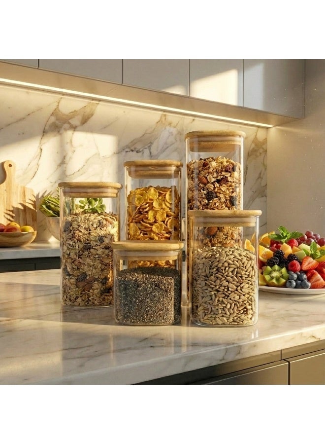 YAH Creation YAH 5-Piece Luxurious Airtight Glass Jar Set – Ultra-Clear Borosilicate Square Storage Containers with Bamboo Lids | Moisture-Proof Kitchen Pantry Canisters for Rice, Cereal, Grains & Snacks - Image 3