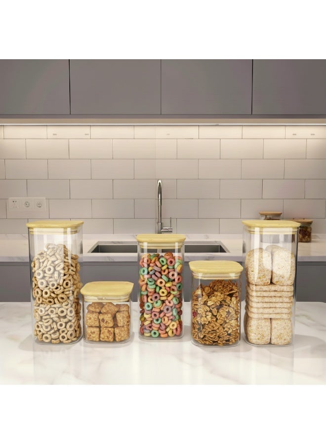 YAH Creation YAH 5-Piece Luxurious Airtight Glass Jar Set – Ultra-Clear Borosilicate Square Storage Containers with Bamboo Lids | Moisture-Proof Kitchen Pantry Canisters for Rice, Cereal, Grains & Snacks - Image 4