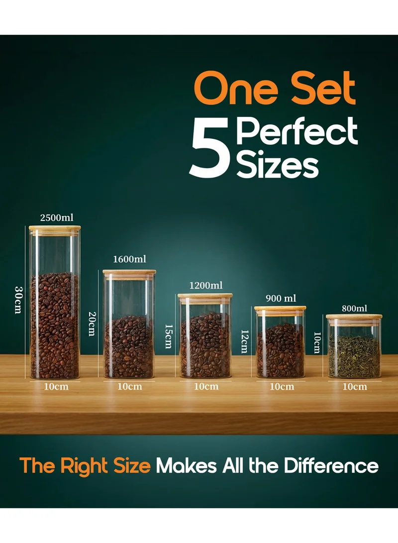 YAH Creation YAH 5-Piece Luxurious Airtight Glass Jar Set – Ultra-Clear Borosilicate Square Storage Containers with Bamboo Lids | Moisture-Proof Kitchen Pantry Canisters for Rice, Cereal, Grains & Snacks