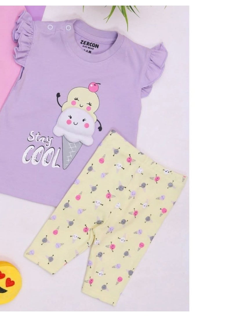 Zercon Newborn Girls' Summer Pajama Set - Lavender Top & Yellow Printed Shorts