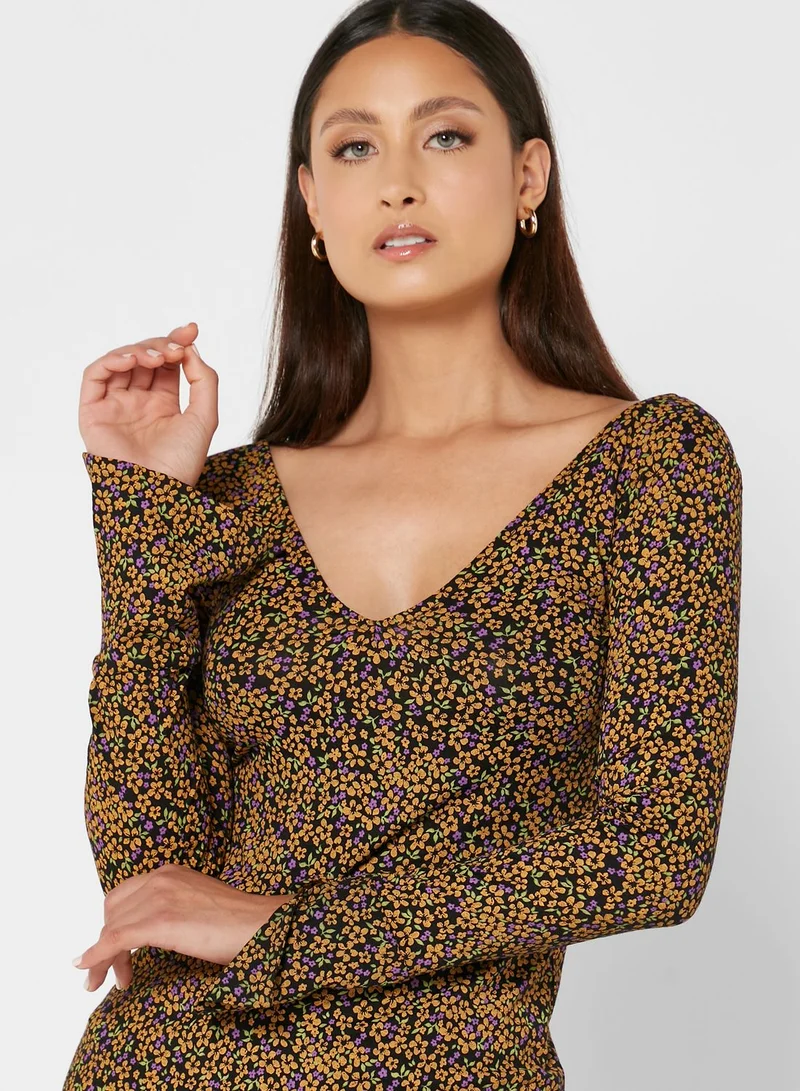 RIVER ISLAND V-Neck Tie Detail Printed Dress