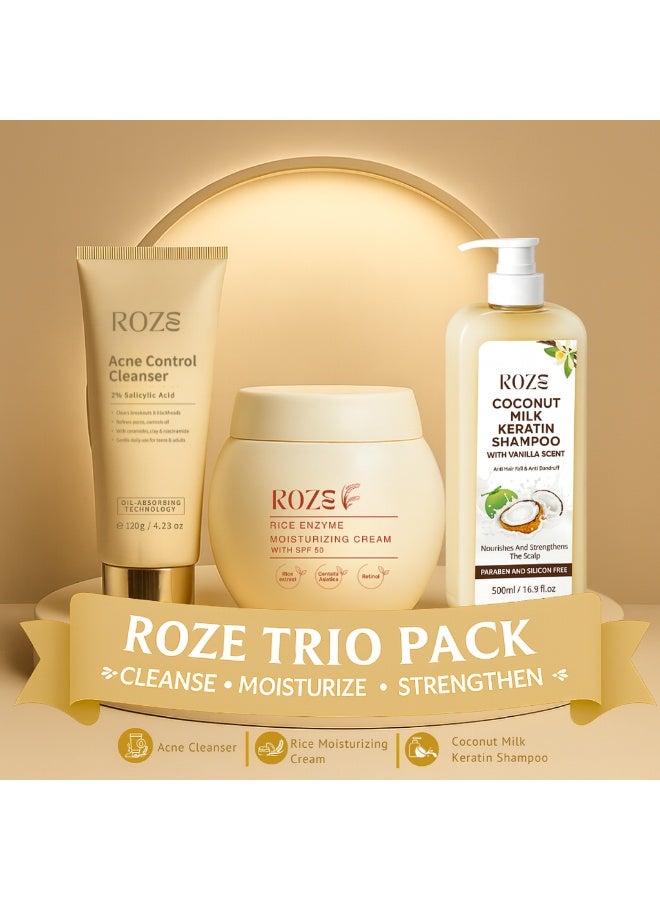 Roze Trio Pack | Acne Cleanser | Rice Moisturizer | Coconut Milk Keratin Shampoo - Image 1