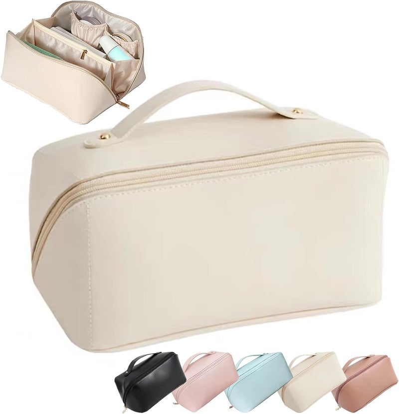 Sprqcart Large Capacity Travel Cosmetic Bag With Handle And Divider - Multifunctional Makeup Bag For Easy Access, Waterproof- (Cream), 10 cm - Image 1