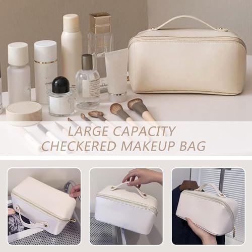 Sprqcart Large Capacity Travel Cosmetic Bag With Handle And Divider - Multifunctional Makeup Bag For Easy Access, Waterproof- (Cream), 10 cm - Image 4