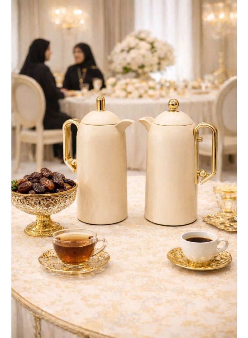 Lavin Luxury Flask Set 1Liter+1Liter / Arabic Fashion Coffee (Kawa) & Tea Thermos / Premium Glass Inner / Hot&Cold / Beige /HB