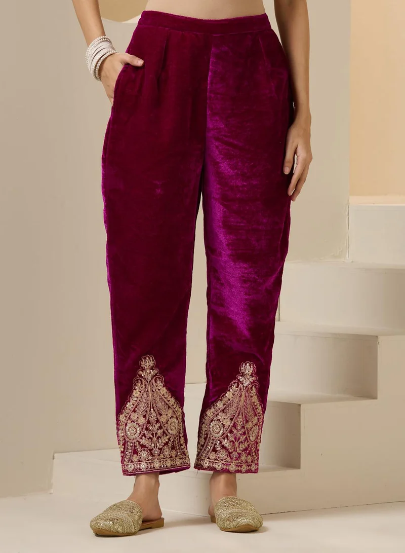 آي شين Women's Magenta Velvet Embroidered Tunic Full Length Palazzo Straight Fit Kurta Set