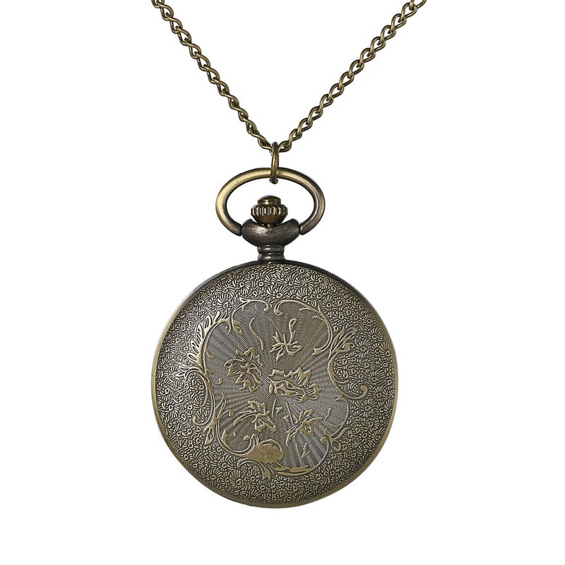 JewelryWe Retro Bronze Flower Openwork Cover Quartz Pocket Watch with 32.3 Inch Chain - Image 4