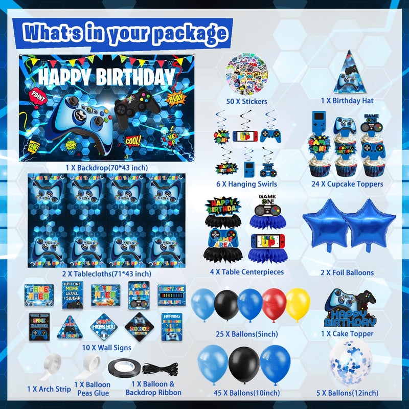 KimaruLZ Video Game Birthday Party Decorations, 179Pcs Gamer Gaming Birthday Party Supplies Decor with Backdrop, Sticker, Balloons, Cake Toppers, Tablecloth, Centerpieces, Hanging Swirls, Wall Signs - Image 2