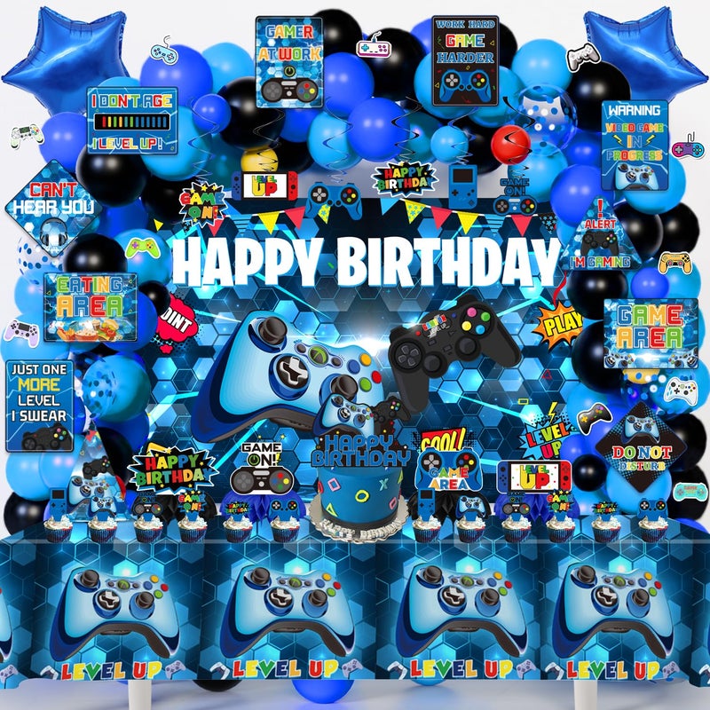 KimaruLZ Video Game Birthday Party Decorations, 179Pcs Gamer Gaming Birthday Party Supplies Decor with Backdrop, Sticker, Balloons, Cake Toppers, Tablecloth, Centerpieces, Hanging Swirls, Wall Signs - Image 1