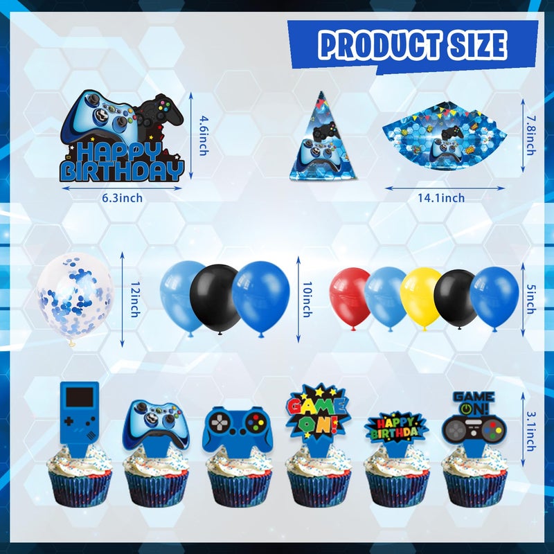 KimaruLZ Video Game Birthday Party Decorations, 179Pcs Gamer Gaming Birthday Party Supplies Decor with Backdrop, Sticker, Balloons, Cake Toppers, Tablecloth, Centerpieces, Hanging Swirls, Wall Signs - Image 3