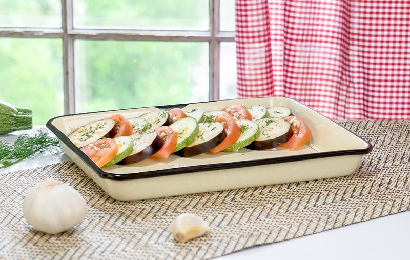 Red Co. 11 x 9 Enamelware Metal Classic 2 Quart Rectangular Serving Tray, Distressed Cream/Black Rim - Image 4