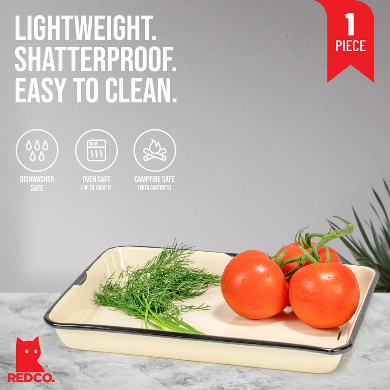 Red Co. 11 x 9 Enamelware Metal Classic 2 Quart Rectangular Serving Tray, Distressed Cream/Black Rim - Image 1