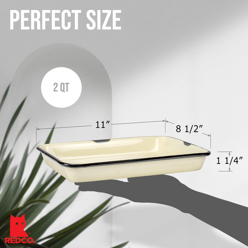 Red Co. 11 x 9 Enamelware Metal Classic 2 Quart Rectangular Serving Tray, Distressed Cream/Black Rim - Image 5