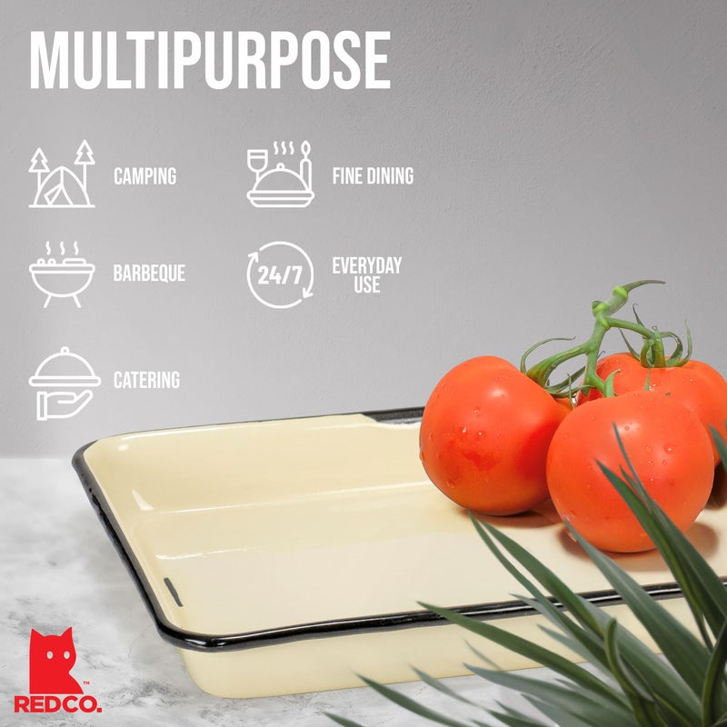 Red Co. 11 x 9 Enamelware Metal Classic 2 Quart Rectangular Serving Tray, Distressed Cream/Black Rim - Image 3