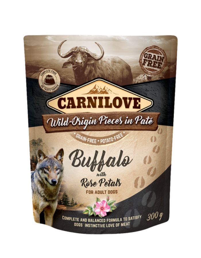 كارنيلوف طعام رطب بنكهة الجاموس مع زهر الورد للكلاب البالغة 12 عبوة × 300 غرام | خالٍ من الحبوب وغني باللحوم