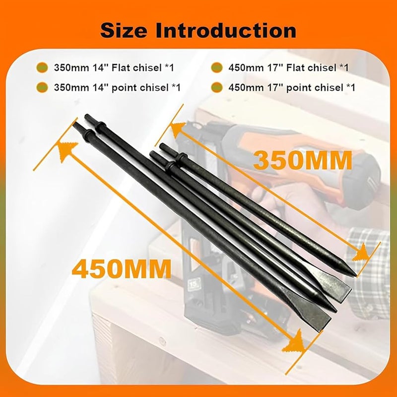 350mm 450mm Air Pneumatic Hammer Chisel Set Round Collar Flat Point Concrete Tile Chisels - Image 5