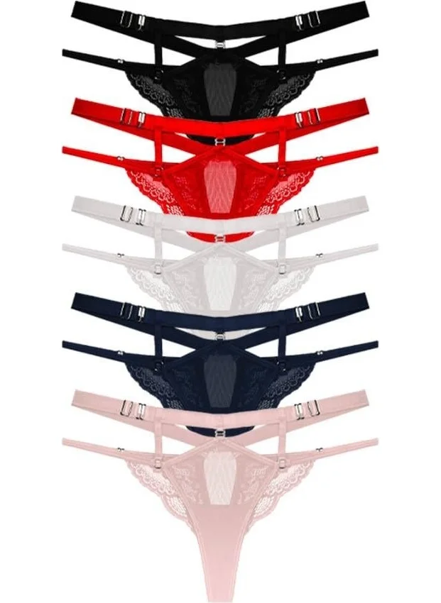 كوتن هيل Front Tulle Back Lace Detail Adjustable Elastic Women's Thong Panties 5-Pack