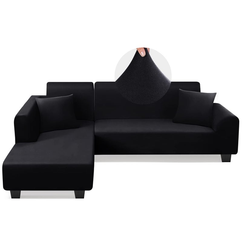 Sectional Couch Covers L Shape Sofa Covers Super Stretch 2pcs Sofa Slipcovers for 3  3 Seaters Sectional Chaise Slipcover with 2pcs Pillow Covers for Pets Kids Black