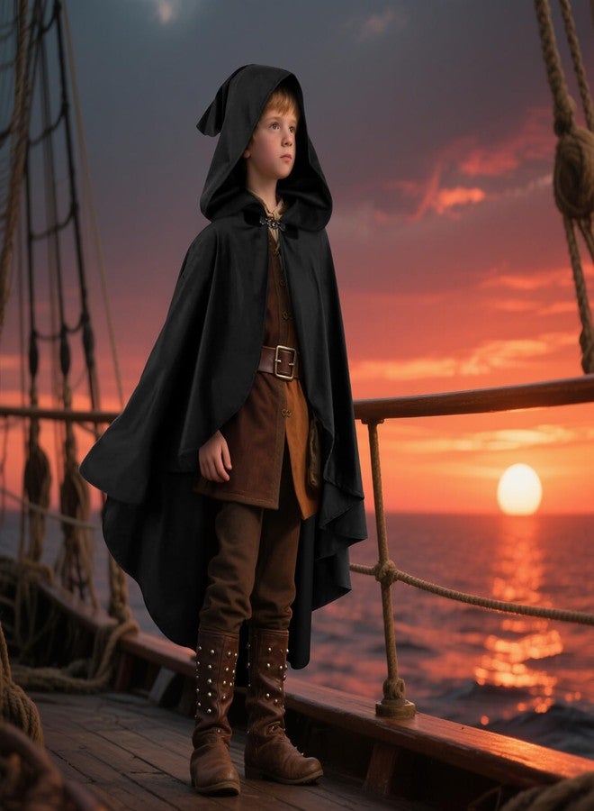 VZQI Hooded Cape for Kids Renaissance Cloak Boys Medieval Halloween Witch Costume Wizard Open-Front Cape Black 4'7''-5'3'' - Image 2