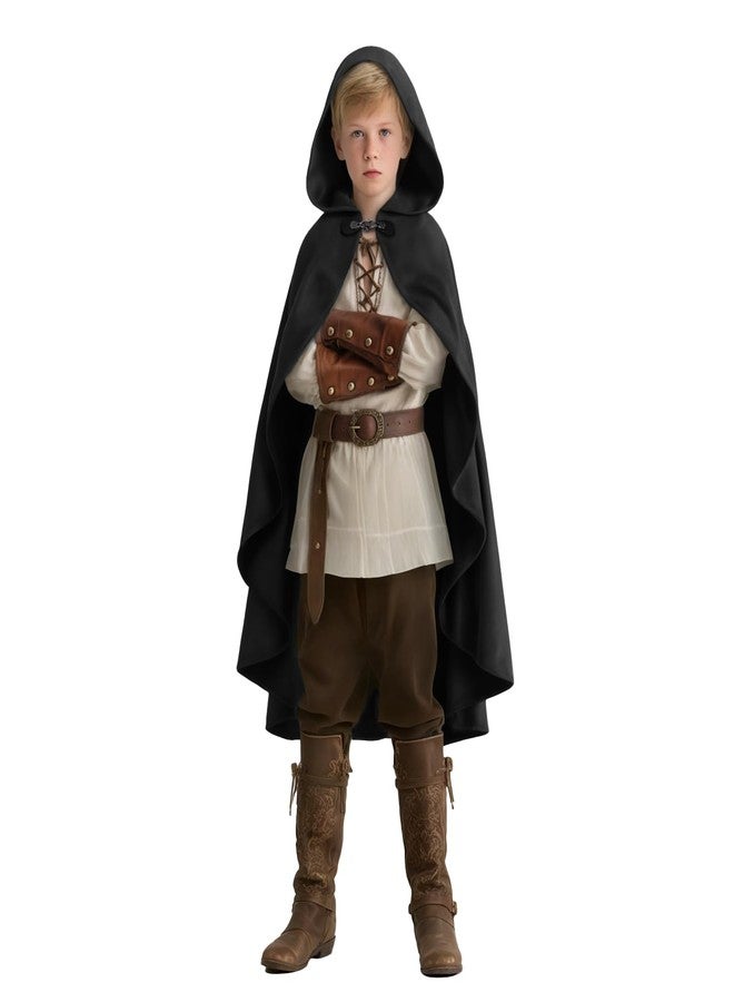 VZQI Hooded Cape for Kids Renaissance Cloak Boys Medieval Halloween Witch Costume Wizard Open-Front Cape Black 4'7''-5'3'' - Image 1