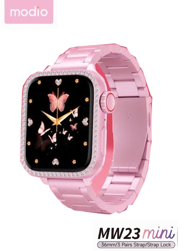 Modio MW23 Mini 36mm Smartwatch for Ladies – Elegant Pink Design with 3 Pairs of Interchangeable Straps, Compact Touchscreen Display, Health & Fitness Monitoring, Long Battery Life, Magnetic Charging Cable, Stylish and Lightweight, Compatible with Android & iOS - Image 1
