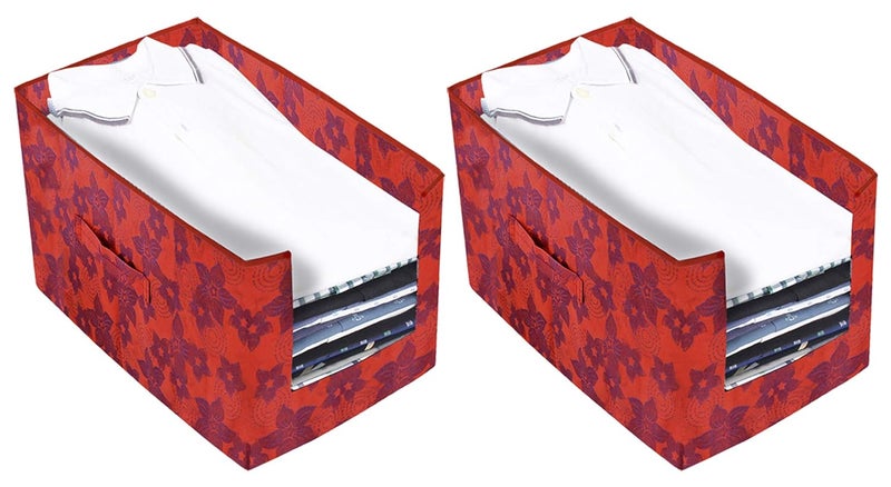 Kuber Industries Metallic Printed 2 Piece Non Woven Shirt Stacker Wardrobe Organizer Set Red CTKTC034882 - Image 5