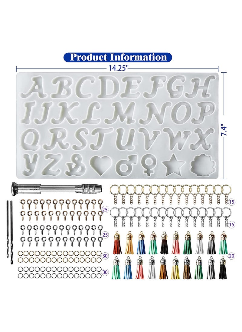 Excefore - 164Pcs Obverse Alphabet Resin Molds Kit, Silicone Molds for Resin Casting DIY, Letter & Ornament Epoxy Molds Resin Keychain Making Set with 1 Hand Drill 2 Drill Bits 160Pcs Keychain Supplies - Image 1