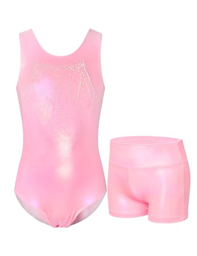 Nokecina Leotard for Girls Gymnastics Size 67 Years Old Sparkly Pink Tumble Outfits Sleeveless Sports Bodysuits with Shorts - Image 1