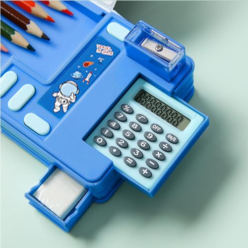 Ristpal Pop Up Multifunction Pencil Case Cute Cartoon Pen Box Organizer Stationery with Calculators Sharpener Schedule School Supplies Best Birthday Gifts for Kids Teens Blue - Image 3