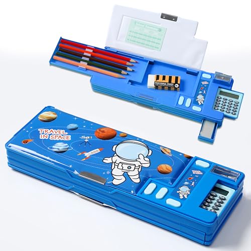 Ristpal Pop Up Multifunction Pencil Case Cute Cartoon Pen Box Organizer Stationery with Calculators Sharpener Schedule School Supplies Best Birthday Gifts for Kids Teens Blue - Image 1