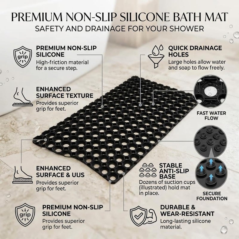 Silicone Mat - Non-Slip Bathtub Shower Mat, 38x70cm (BIack) - Image 3