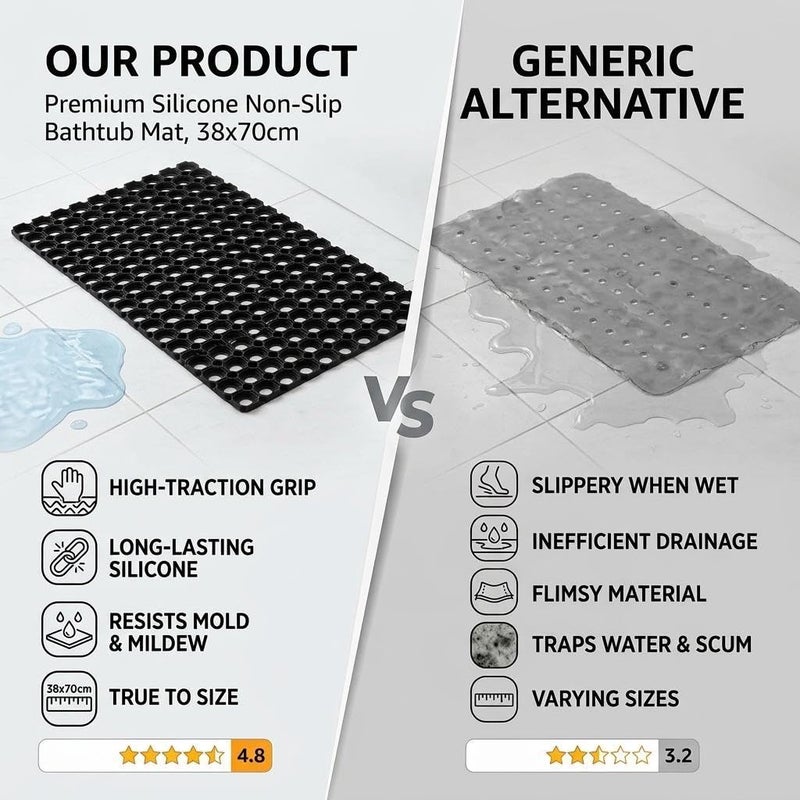 Silicone Mat - Non-Slip Bathtub Shower Mat, 38x70cm (BIack) - Image 5