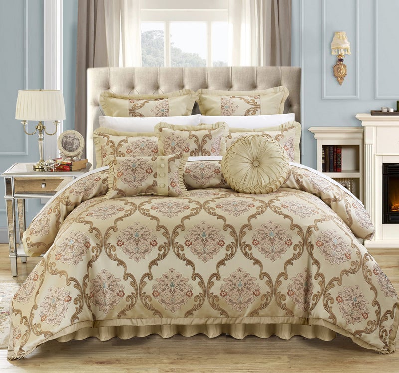 Chic Home Chic Home Aubrey King Size Comforter Set with Bed Skirt Shams and 3 Decorative Pillows  Jacquard Bed Comforter King with Hypoallergenic Fill Beige 