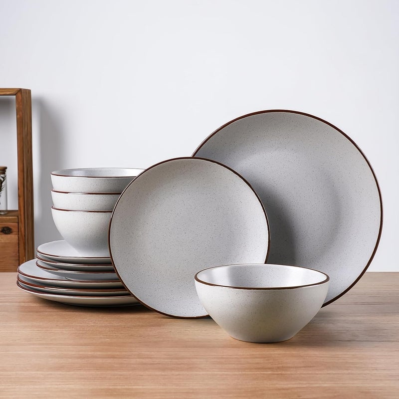Famiware Venus Ceramic Plates and Bowls Sets Speckled Dinnerware Dish Sets for 4 12 Pieces  Microwave and Dishwasher Safe Matte Light Grey - Image 1