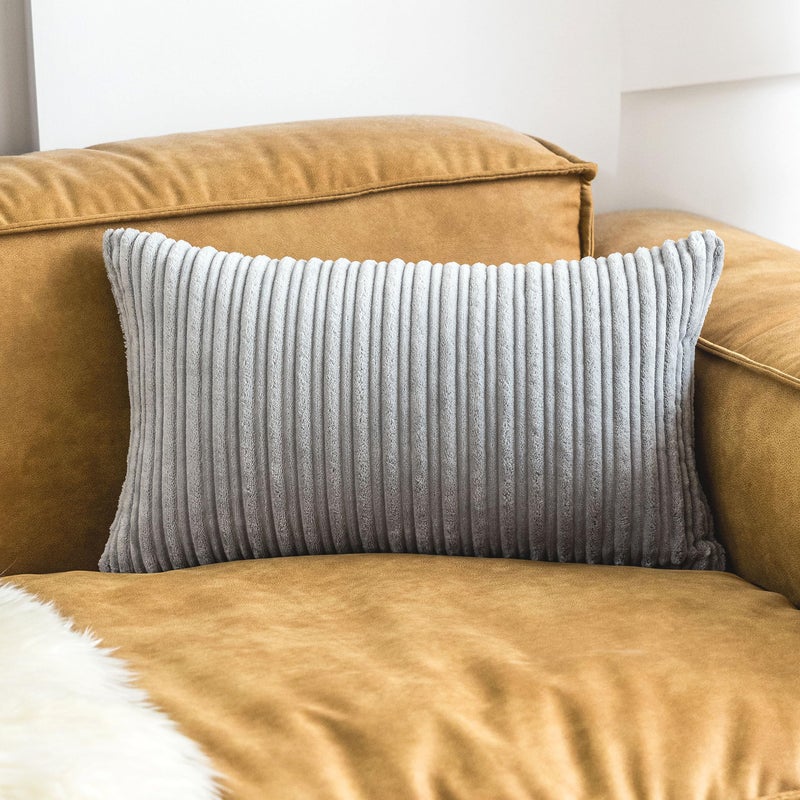 UGS UGASA UGASA Velvet Pillow Covers Striped, Decorative Throw Cushion Case with Hidden Zipper for Home Couch/Bedroom, Soft Cozy Solid Oblong, 1 Piece (12"x20", Light Grey) - Image 1