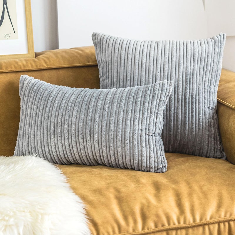 UGS UGASA UGASA Velvet Pillow Covers Striped, Decorative Throw Cushion Case with Hidden Zipper for Home Couch/Bedroom, Soft Cozy Solid Oblong, 1 Piece (12"x20", Light Grey) - Image 2