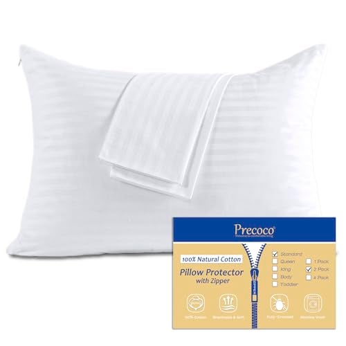 100 Cotton Pillow Protectors with Zipper Standard Size White Pillow Cases Set of 2 for Home Hotel Sateen Soft Cooling Hidden Zippered Pillow Case Protector for Hair Skin 20x26 in