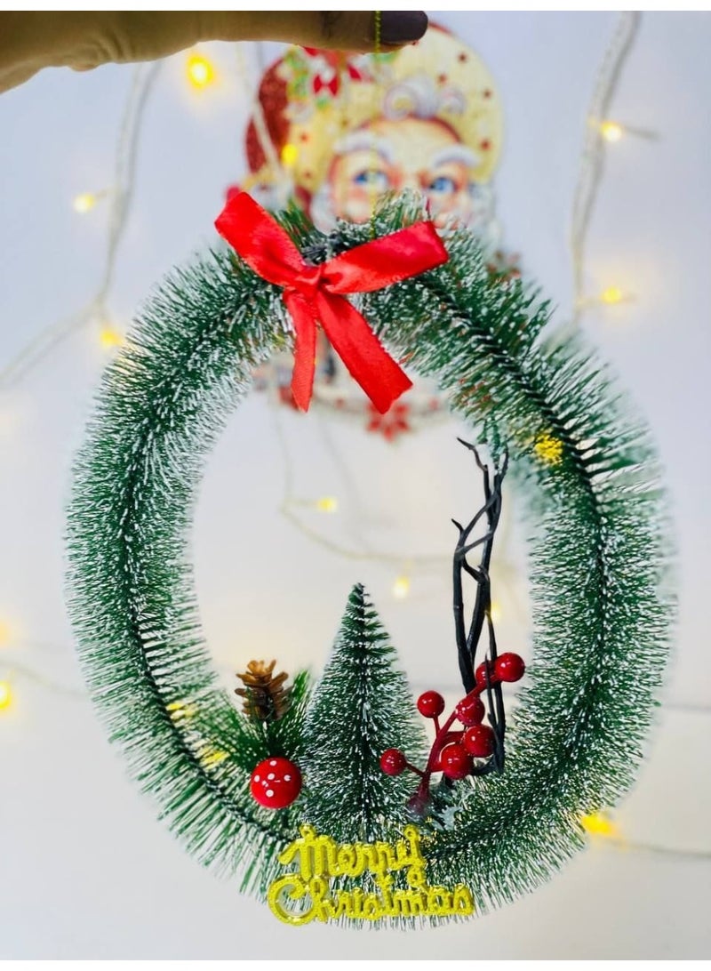 اكليل  الكريسماس  عليقة الخضراء في ثلجي  بفيونكة حمراء و شجرة و كريز  و Merry Christmas  مقاس : ١٩*٢٢ سم - Image 1