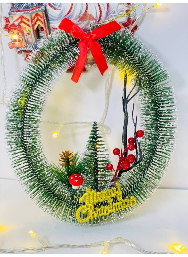 اكليل  الكريسماس  عليقة الخضراء في ثلجي  بفيونكة حمراء و شجرة و كريز  و Merry Christmas  مقاس : ١٩*٢٢ سم - Image 3