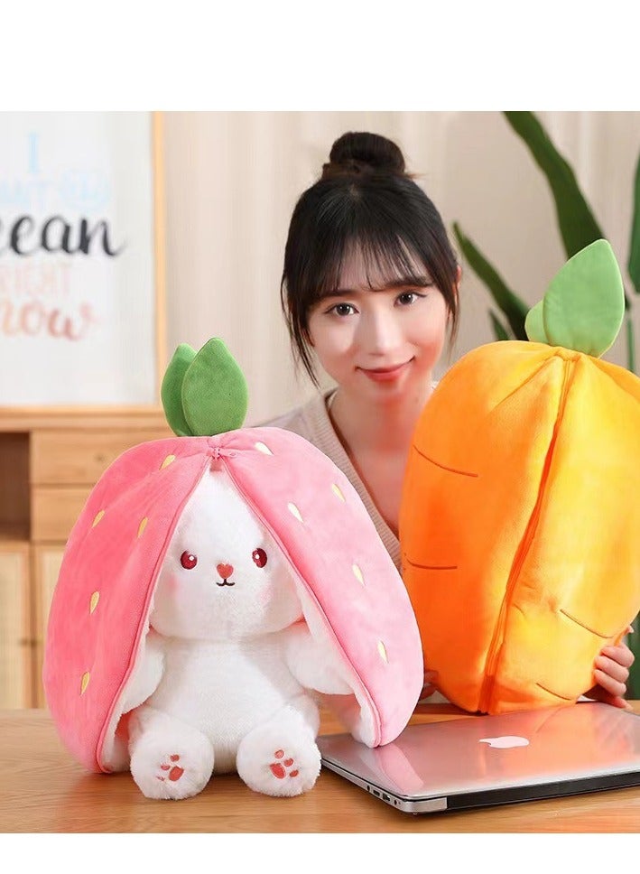 AROAQ ألعاب محشوة على شكل أرنب الفراولة، ألعاب دمى على شكل أرنب، لعبة أرنب على شكل جزرة محشوة بسحاب، آذان طويلة على شكل جزرة وفراولة تتحول إلى دمية محشوة للأطفال كهدية - Image 3
