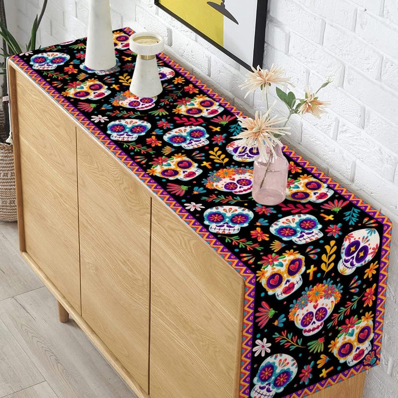 Pudodo Day of The Dead Table Runner Sugar Skull Dia De Los Muertos Mexican Festival Holiday Kitchen Dining Room Home Decoration (13" x 72") - Image 4